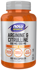 Arginine 500mg & Citrulline 250mg - 120 Veg Capsules (Now Foods)